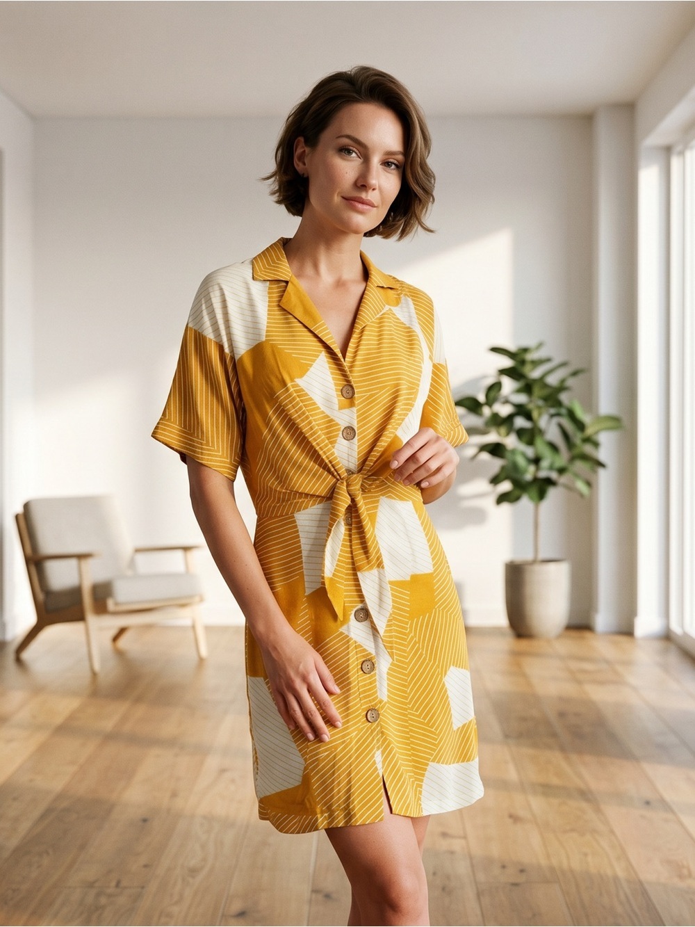 Impressions Mustard Yellow & Cream Geometric Tie-Front Shirt Dress
